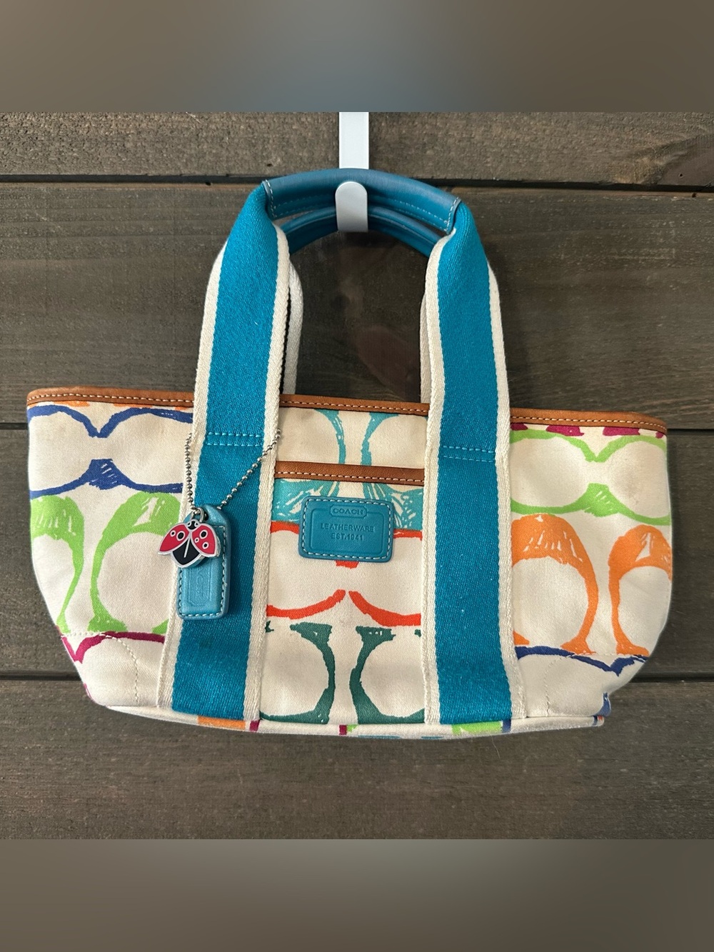 COACH HAMPTONS Multicolor Canvas Tote with Teal Straps